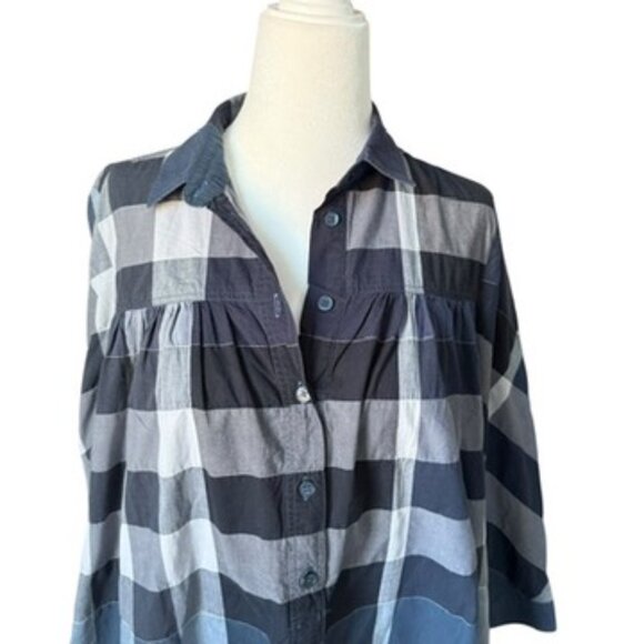 Burberry Brit Womens Cotton Checkered Print Button-Up Blouse Blue Size S Tunic - Picture 3 of 16